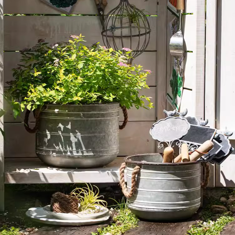 Restoration Iron Floral Bucket with Rope Handles